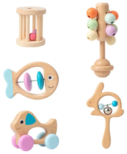 Wooden Baby Rattle Set - 5 Piece Natural Sensory Rattle Soother, Aged 3 months+