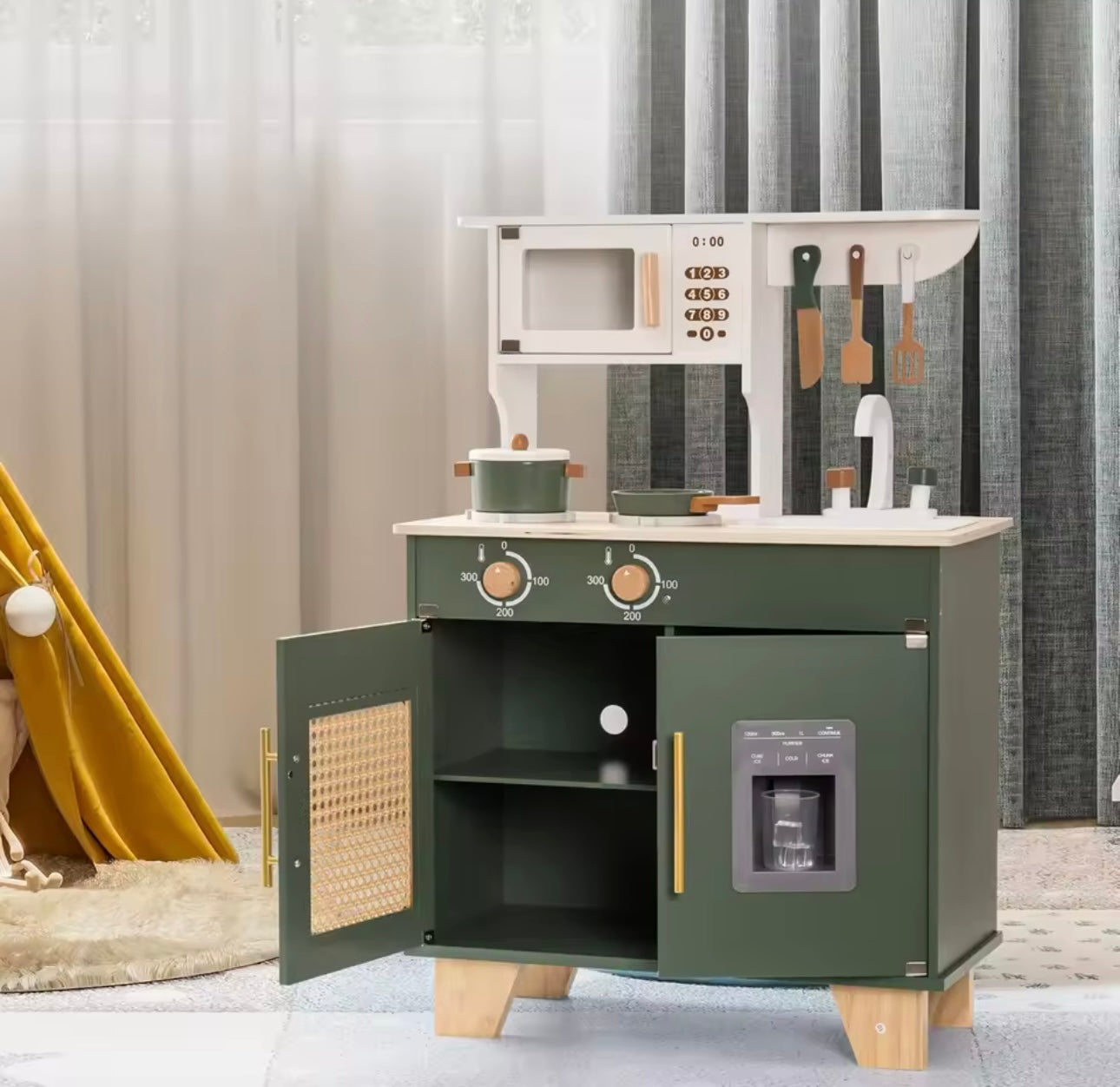 Montessori Vintage Wooden Toy Kitchen With Microwave - Green Play Kitchen, Aged 3+