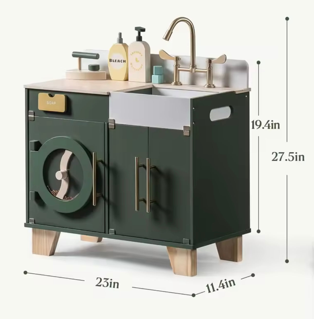 Montessori Vintage Wooden Toy Washing Machine & Sink - Green Play Kitchen, Aged 3+