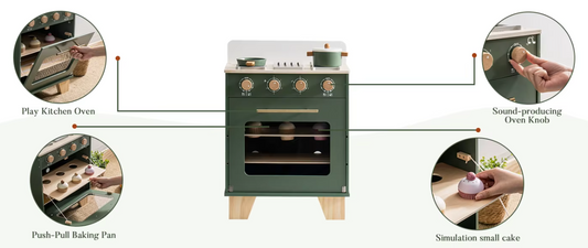 Montessori Vintage Wooden Toy Oven - Green Play Kitchen, Aged 3+