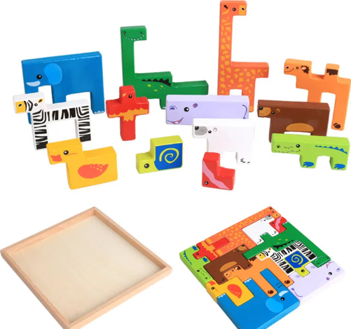 Creative Wooden Animal 3D Building Block Set - Montessori Stacking Toy, Aged 3+