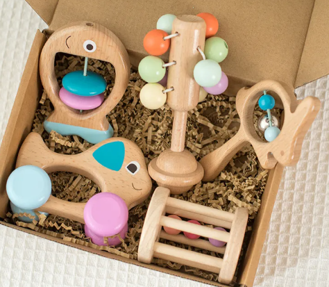 Wooden Baby Rattle Set - 5 Piece  Natural Sensory Rattle Soother, Aged 3 months+