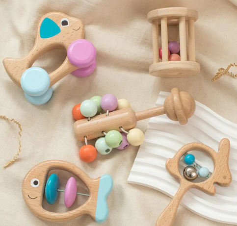 Wooden Baby Rattle Set - 5 Piece  Natural Sensory Rattle Soother, Aged 3 months+