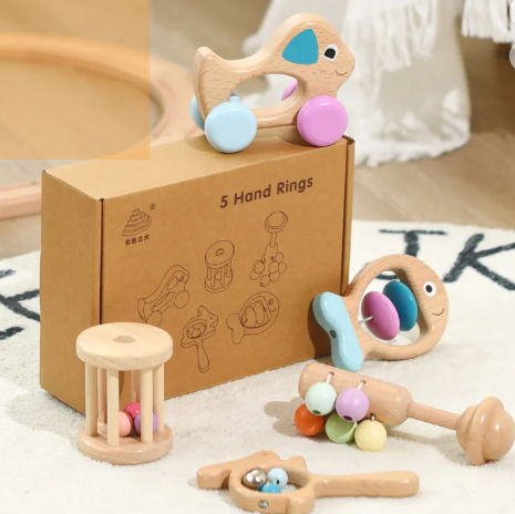 Wooden Baby Rattle Set - 5 Piece  Natural Sensory Rattle Soother, Aged 3 months+
