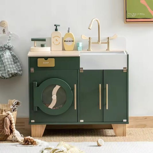 Montessori Vintage Wooden Toy Washing Machine & Sink - Green Play Kitchen, Aged 3+