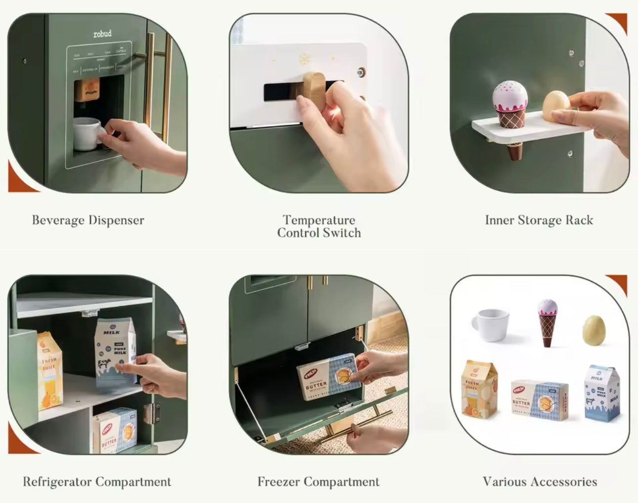 Montessori Vintage Wooden Toy Fridge - Green Play Kitchen, Aged 3+