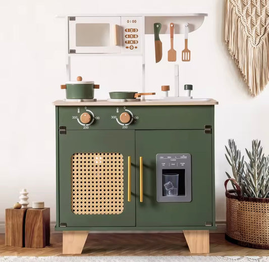 Montessori Vintage Wooden Toy Kitchen With Microwave - Green Play Kitchen, Aged 3+