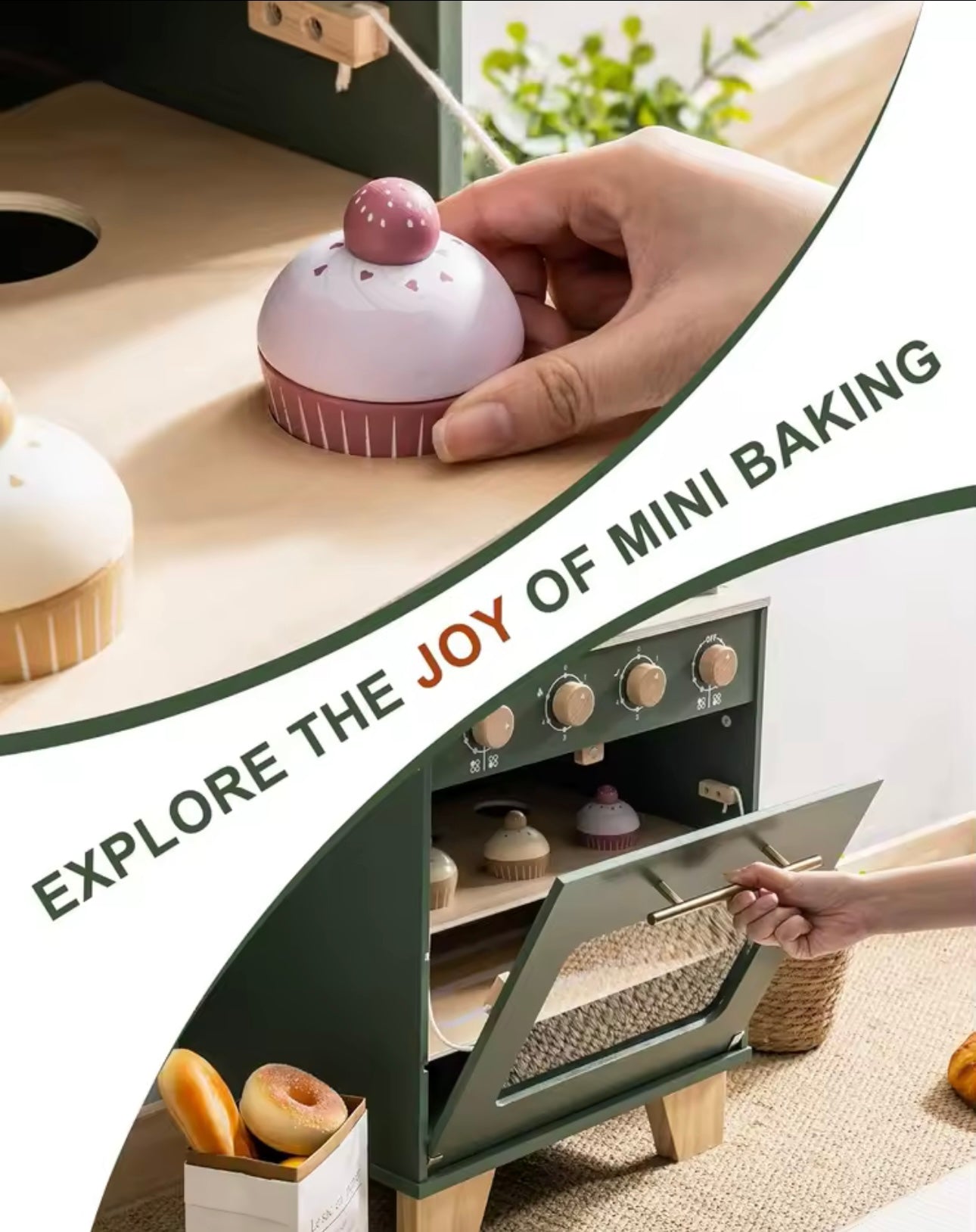 Montessori Vintage Wooden Toy Oven - Green Play Kitchen, Aged 3+