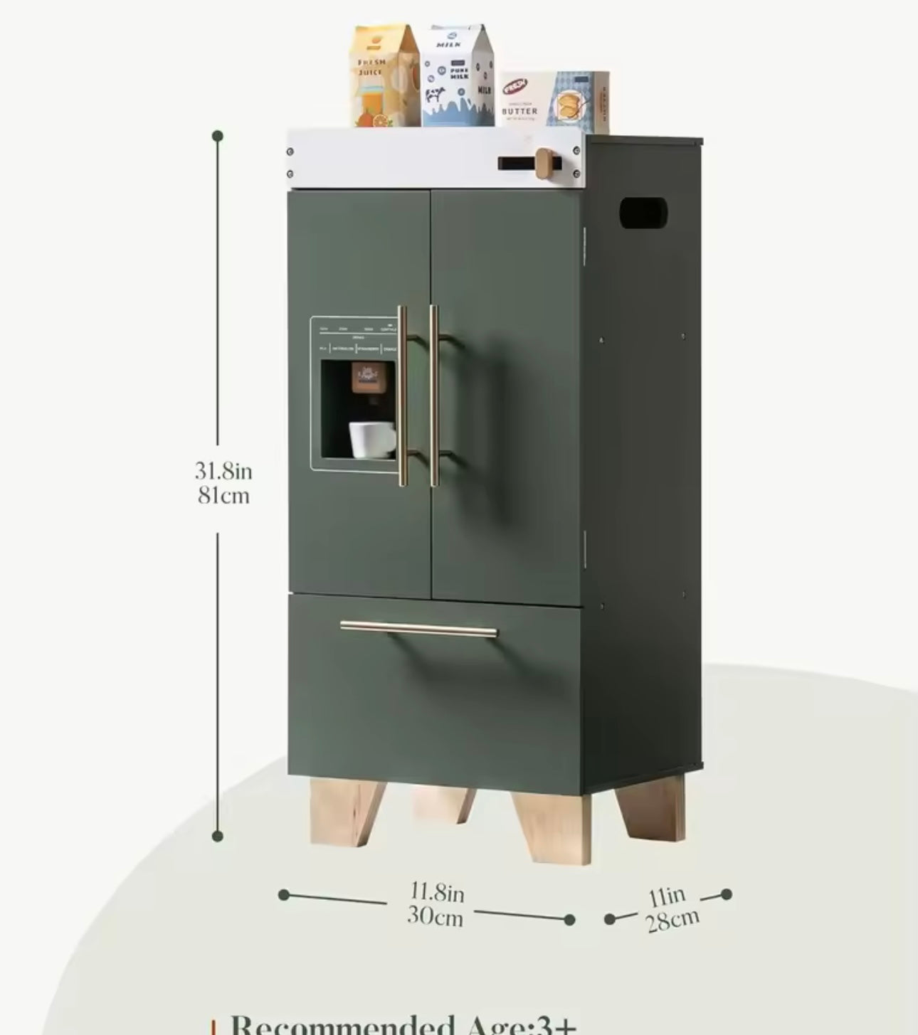 Montessori Vintage Wooden Toy Fridge - Green Play Kitchen, Aged 3+
