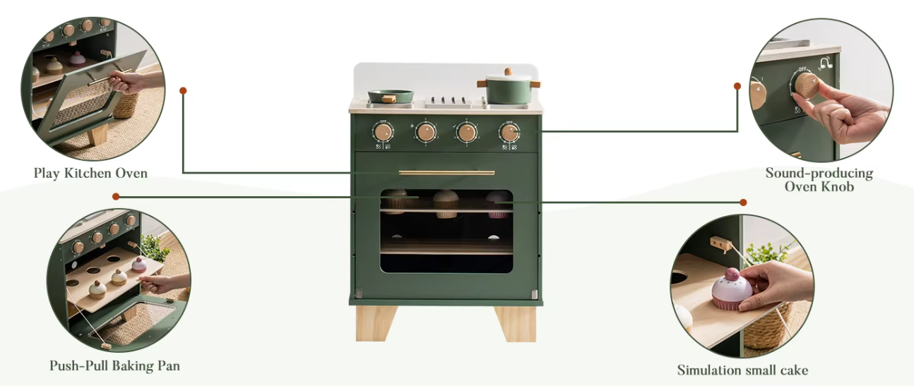 Montessori Vintage Wooden Toy Oven - Green Play Kitchen, Aged 3+